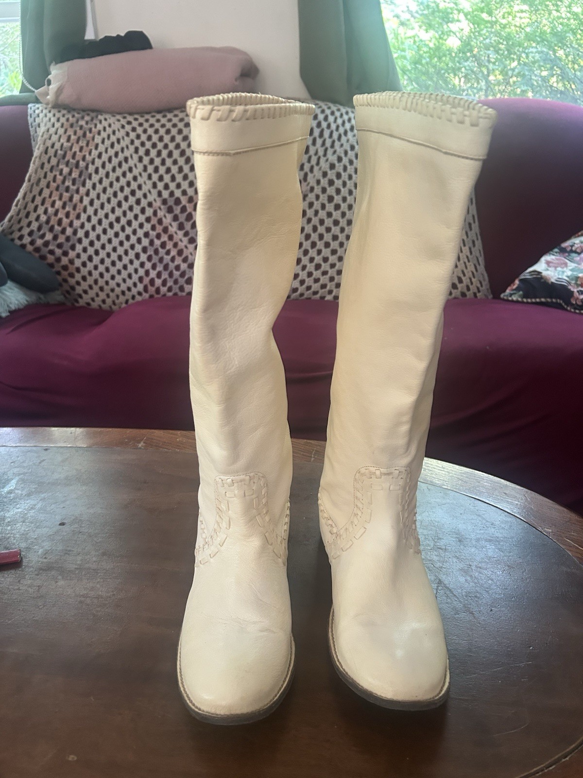 Frye Women’s Ivory Leather Knee High Pull-On Riding Boots Round Toe 7.5B