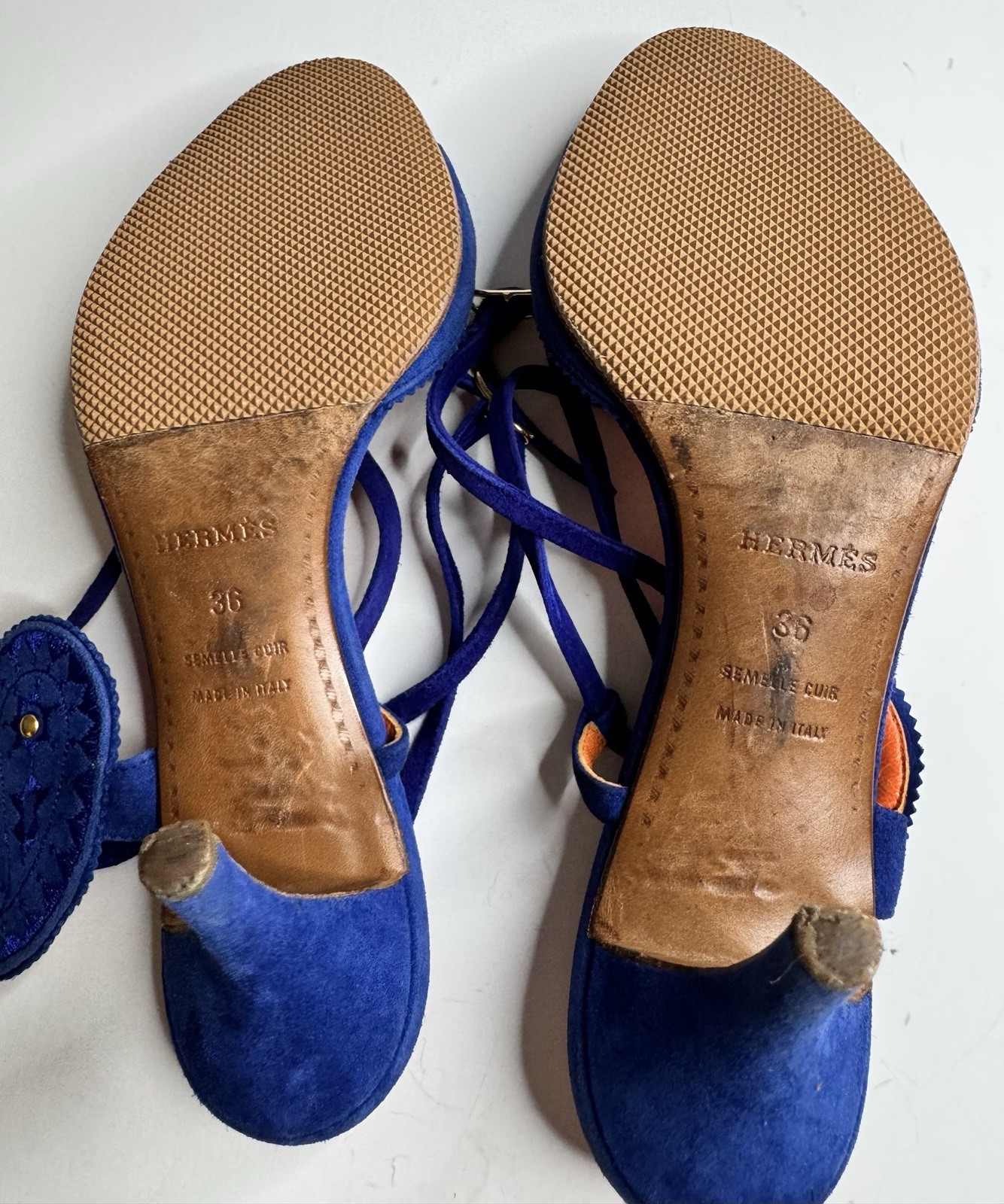 Hermes Sandals Blue Suede Heels Women’s Size 36 USA 6 Used Made In Italy