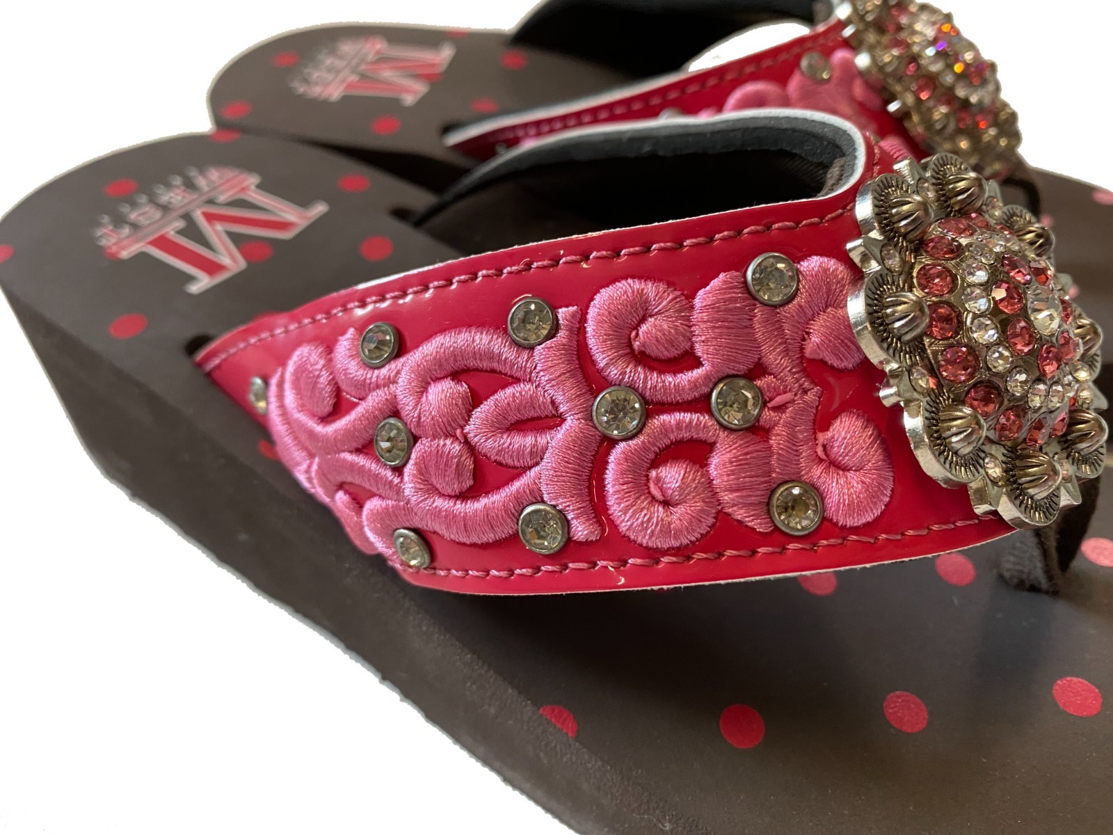 Montana West Women’s Brown Platform Pink Embroidered with Rhinestone Concho NIB