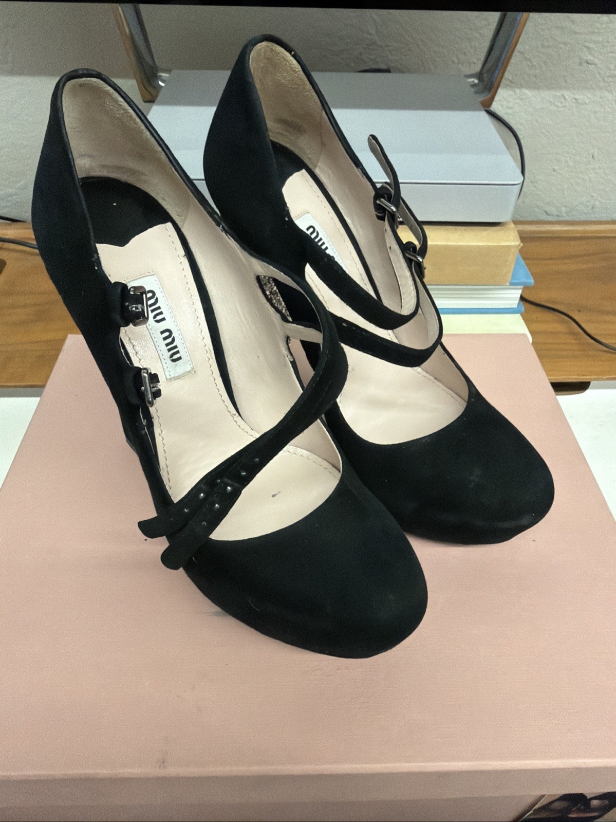 Miu Miu Black Suede Glitter Sole Mary Jane Heels, Size 36 With Box