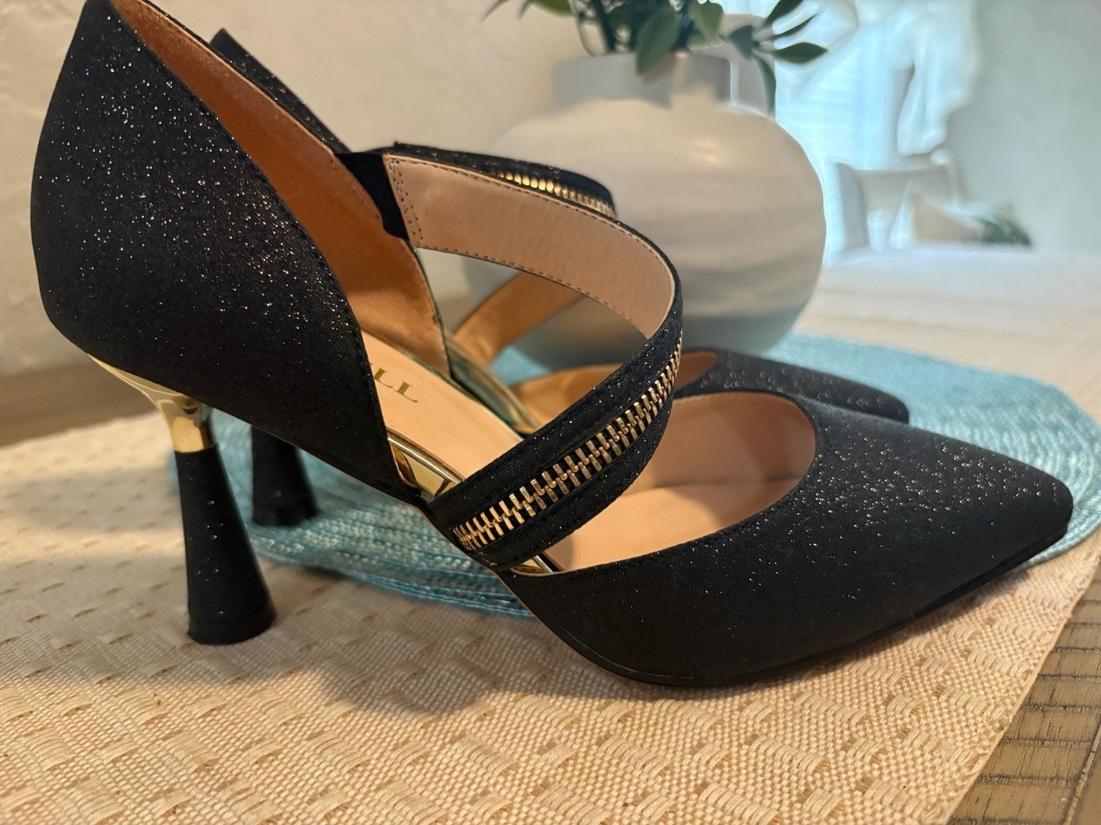 FINDVELL Black Shimmer Pumps with Decorative Zipper Strap Gold Accent Heels