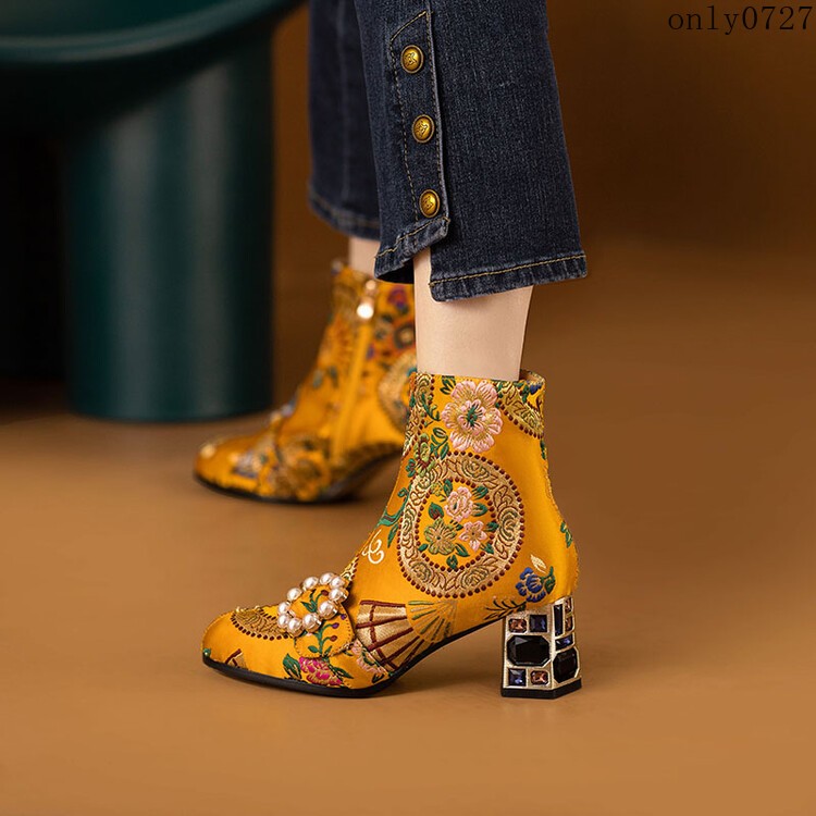 Women’s Ankle Boots Rhinestone Mid Chunky Heel Side Zip Embroidered Shoes Hot