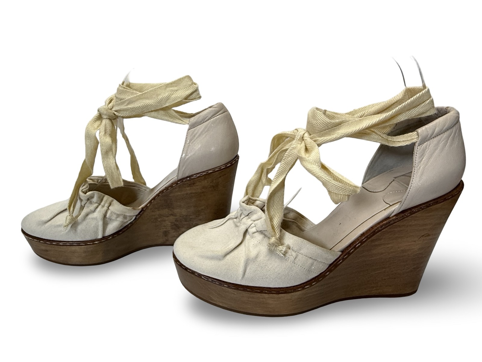 CHLOE Ivory Canvas & Leather Lace Ankle Wooden Wedge Sandals Shoes 39 9