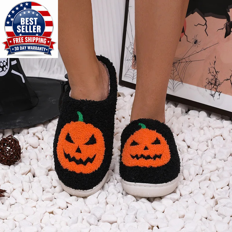 Cozy Halloween Pumpkin Slippers Women Soft Plush Non Slip Indoor Cotton Slides W