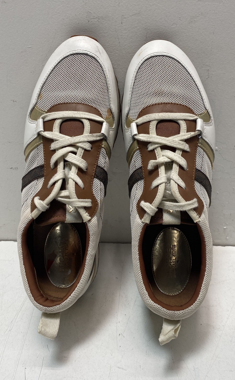 Michael Kors Billie Trainer White Brown Gold Wedge Sneakers Size 6
