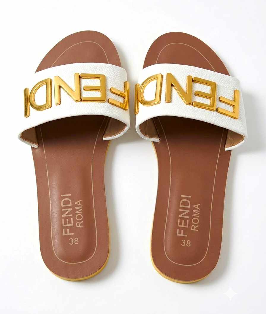 Fendi Women’s White Brown Gold Leather Slide Sandals Slip-On US 7.5