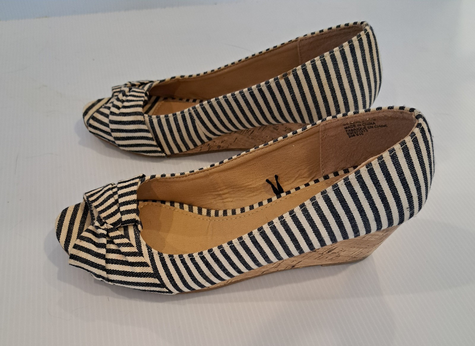 George Striped Flat Slip Ons Black & White Cork Sole and Wed Heel Size 9