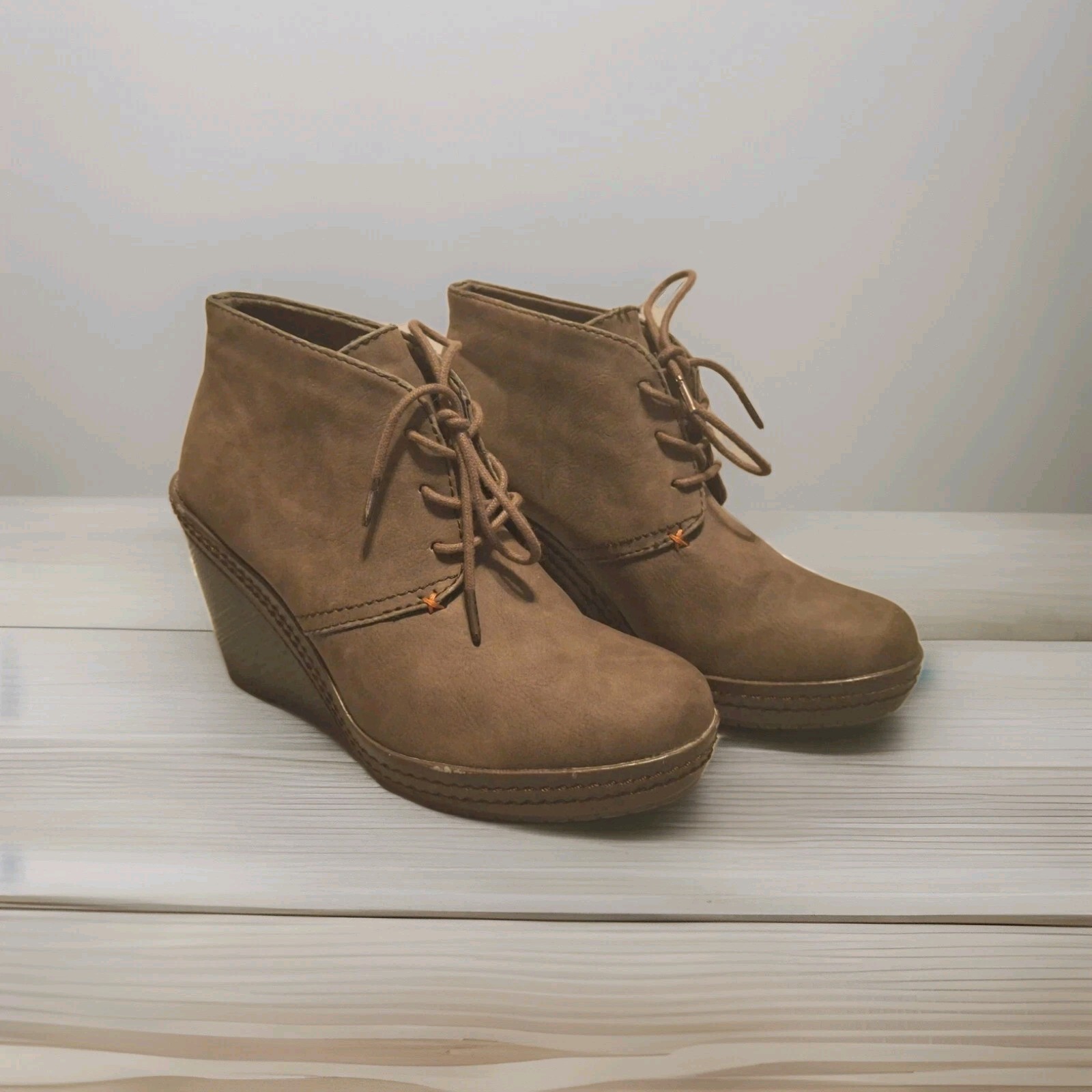 Dr Scholls Boots Womens Size 6.5m Dakota Wedge Heels Ankle Booties Brown Fabric