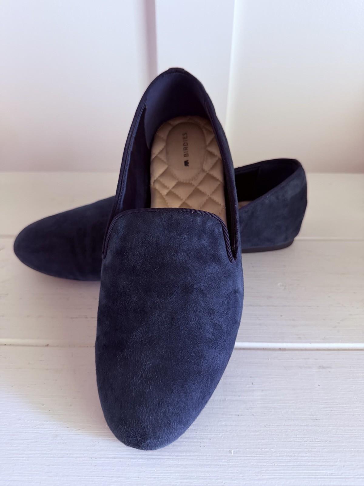 Birdies The Starling Loafers Wms 9.5 Navy Blue Suede Quilted Comfort Flats EUC