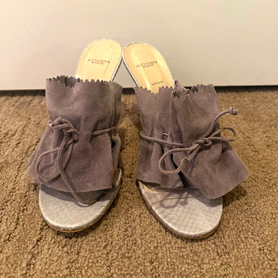 Alexander White Gray Suede Ruffle Lace-Up Slip-On Mule Sandals EU 40