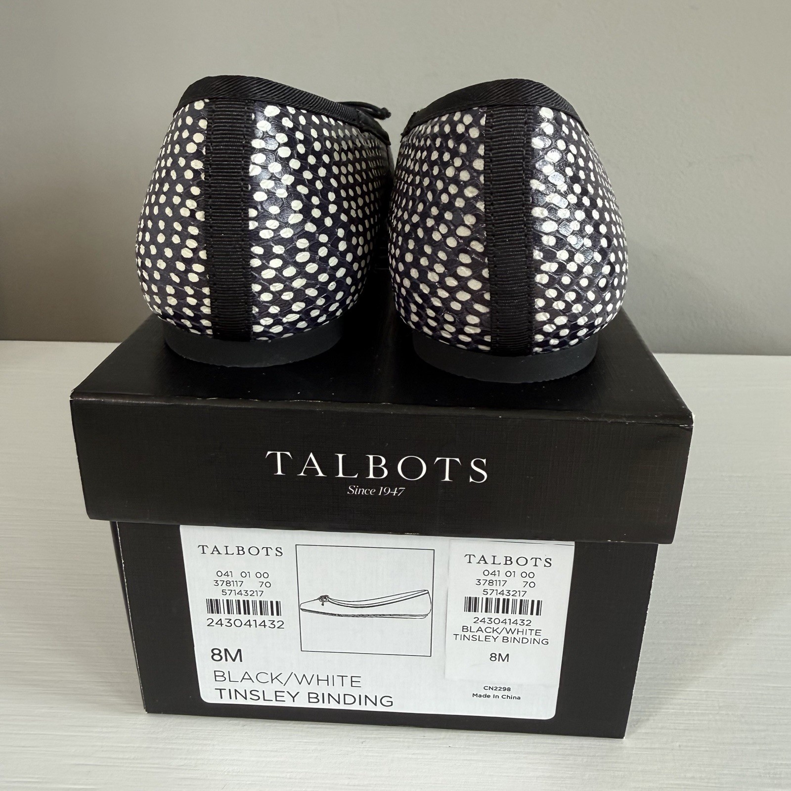 Talbots Tinsley Black and White Polka Dot Ballet Flats With Bow Size 8