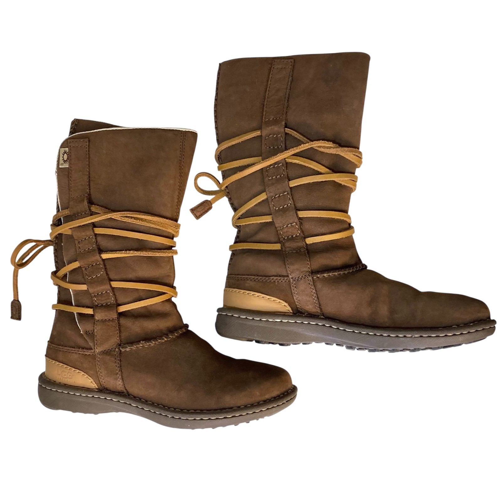 UGG Catalina Sheepskin Leather Boots Women Sz 6 Wrap Laces Mid Calf Goober Brown