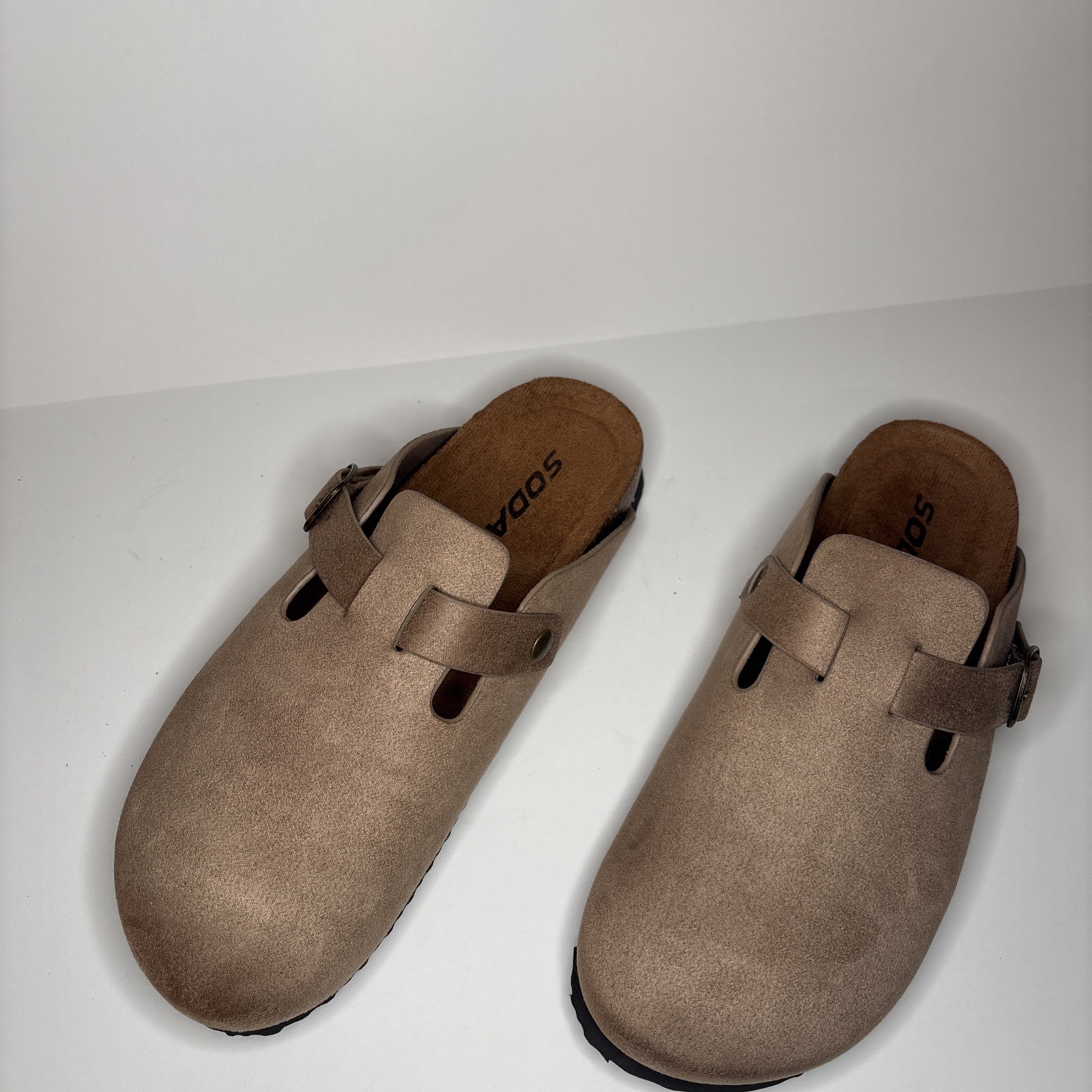 Soda Beige Faux Suede Buckle Comfort Clog Shoes Women Slip On Flat