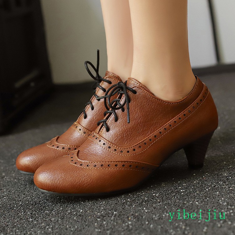 Spring Women’s Low Kitten Heel Wing Tip Lace Up Brogue Shoes Vintage Plus Size