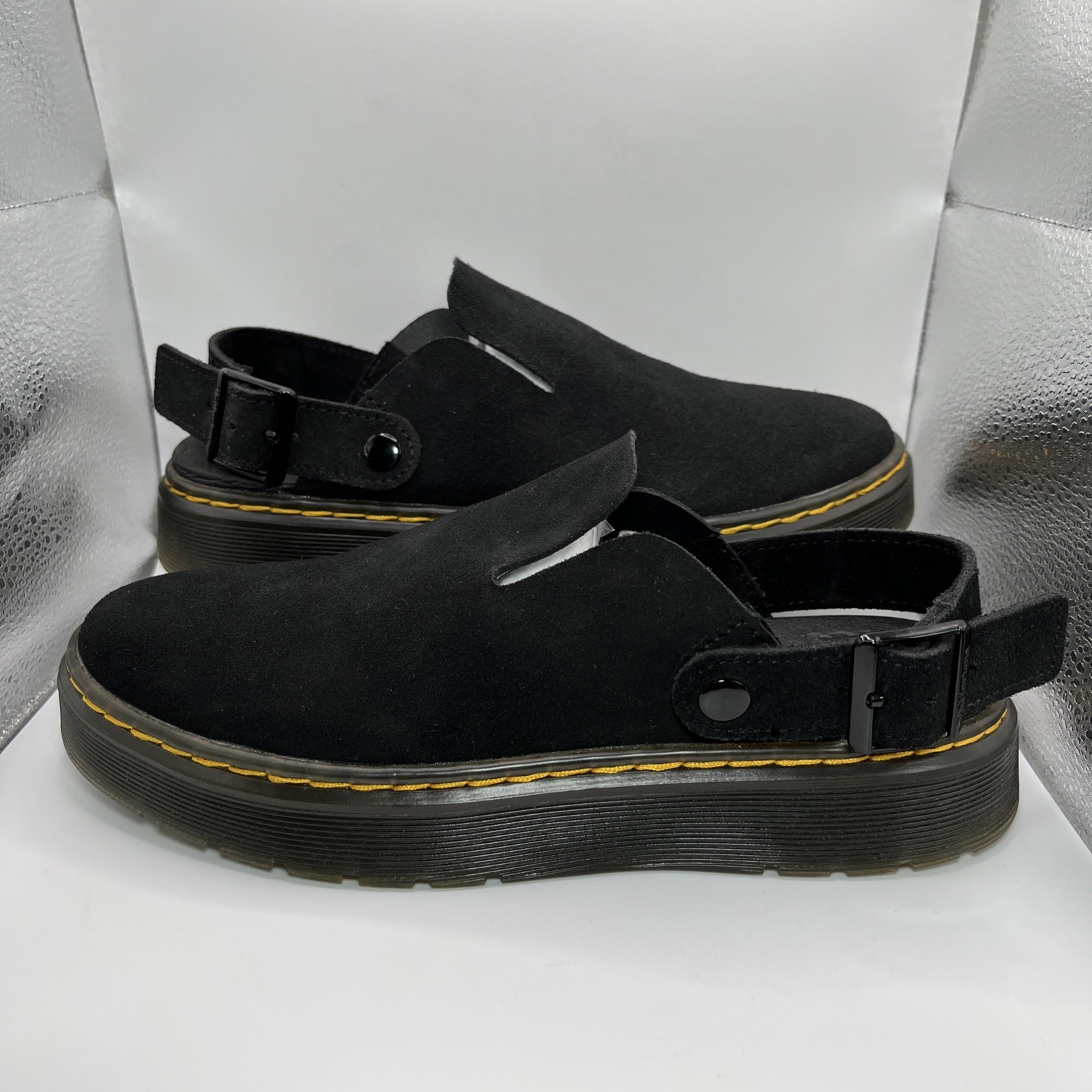Dr. Martens Carlson Suede Mules Womens 7 Mens 6 Black Slingback Clogs EUC