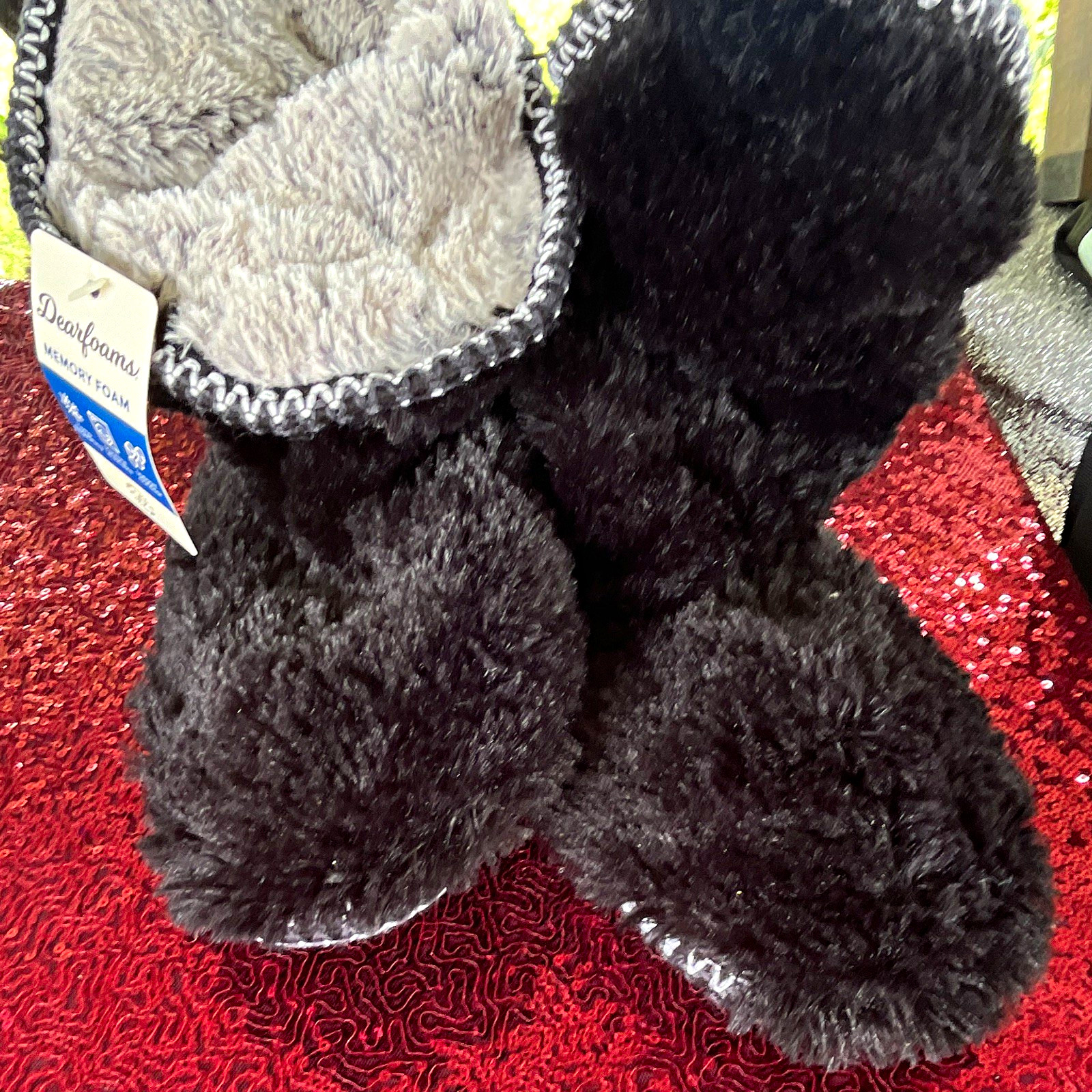 Dearfoams Memory Foam Faux Fur Bootie Slippers Black/Gray Women’s US 9