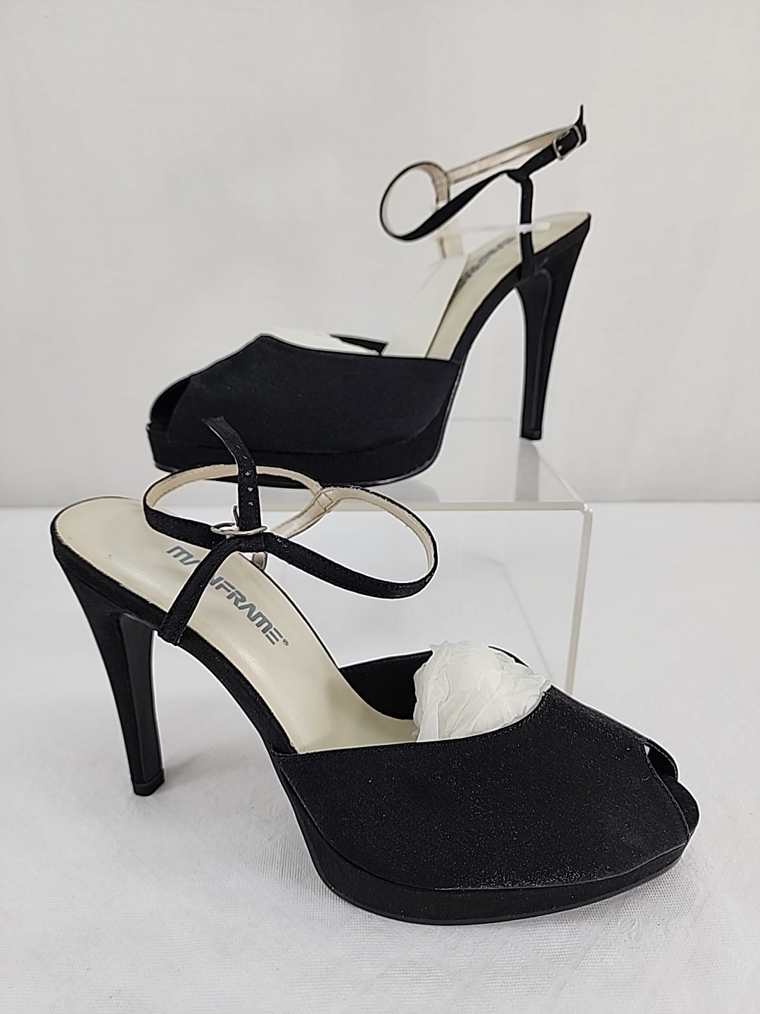 MAINFRAME Black Stiletto Heels 7.5 Shoes Ankle Strap Peep Toe 4.5″ Vintage Y2K