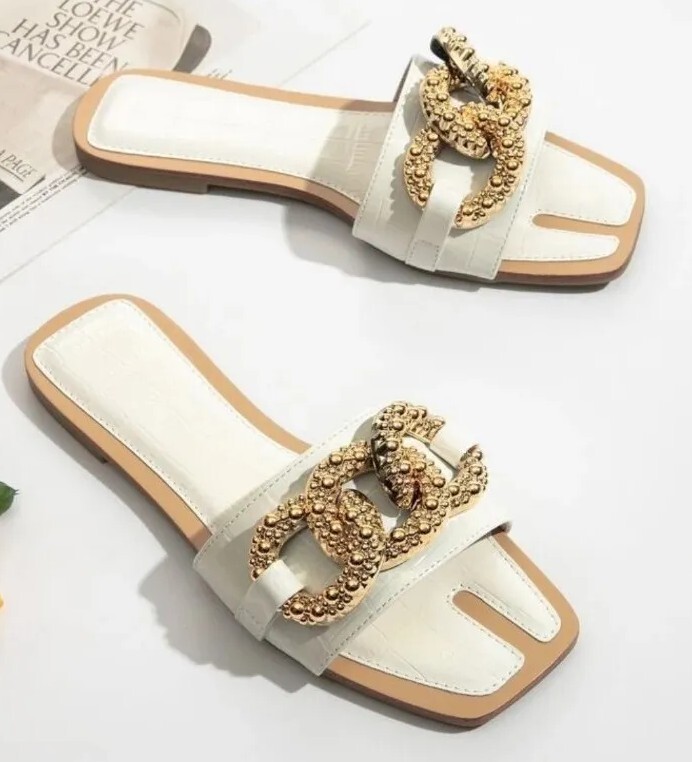 Sandals Gold Glam Metal Gold Chain Luxury White Croc Slides Sandals w Box Sz 9