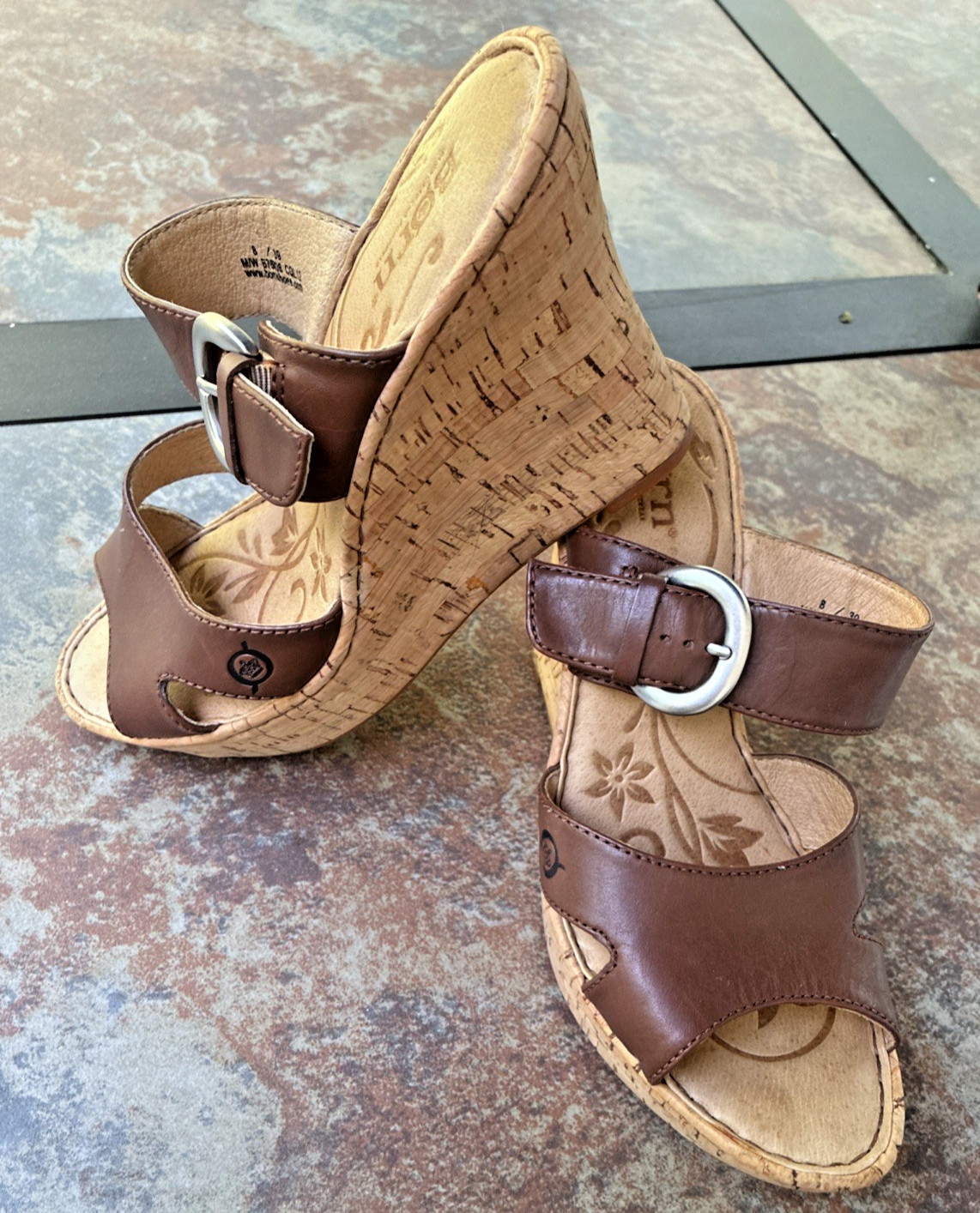 Born Brown Leather Cork Wedge Slide Sandal’s Women’s Size 8 Buckle Comfort