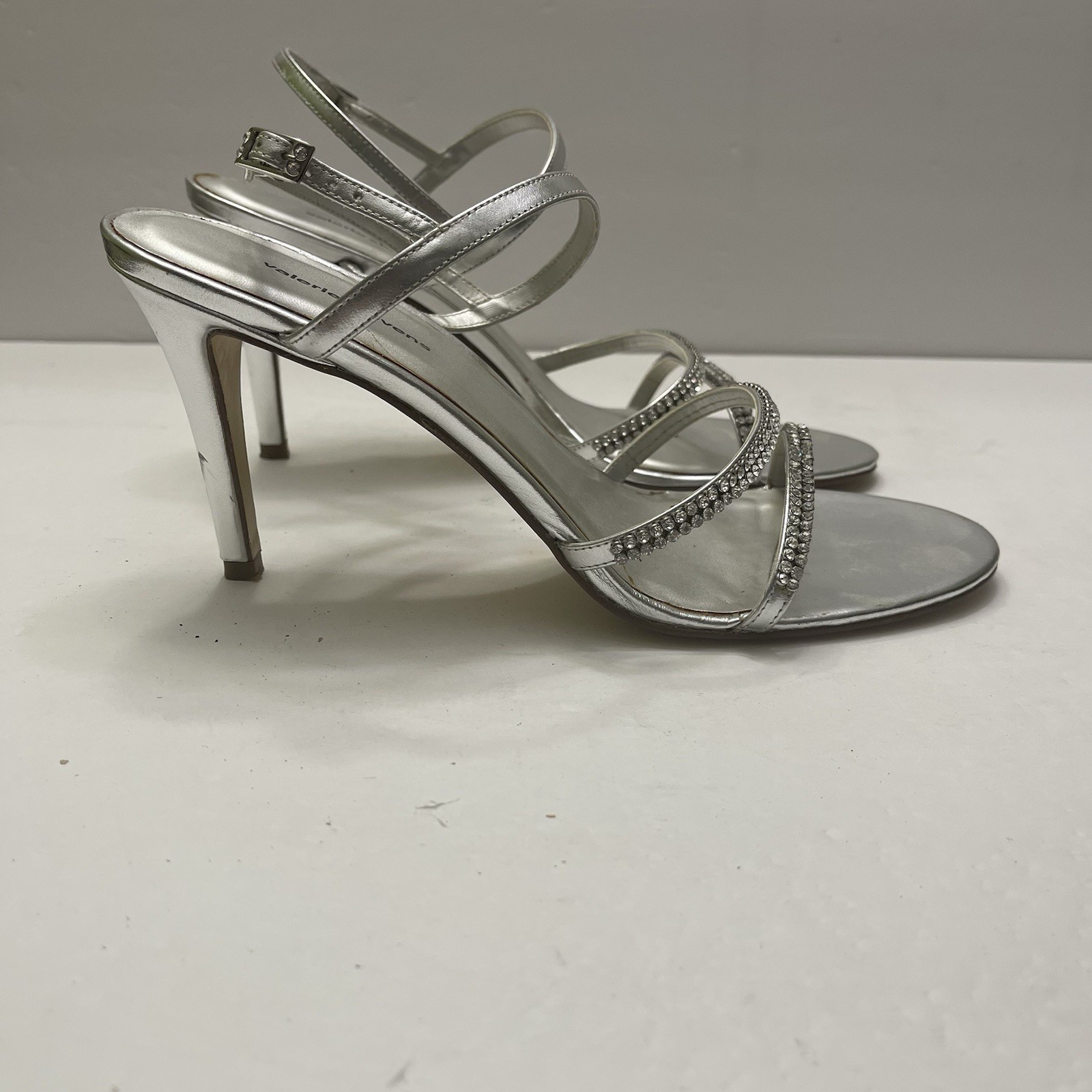 VALERIE STEVENS Royal Silver Rhinestone Sandal Sz 8 Strappy Heel Wedding Holiday