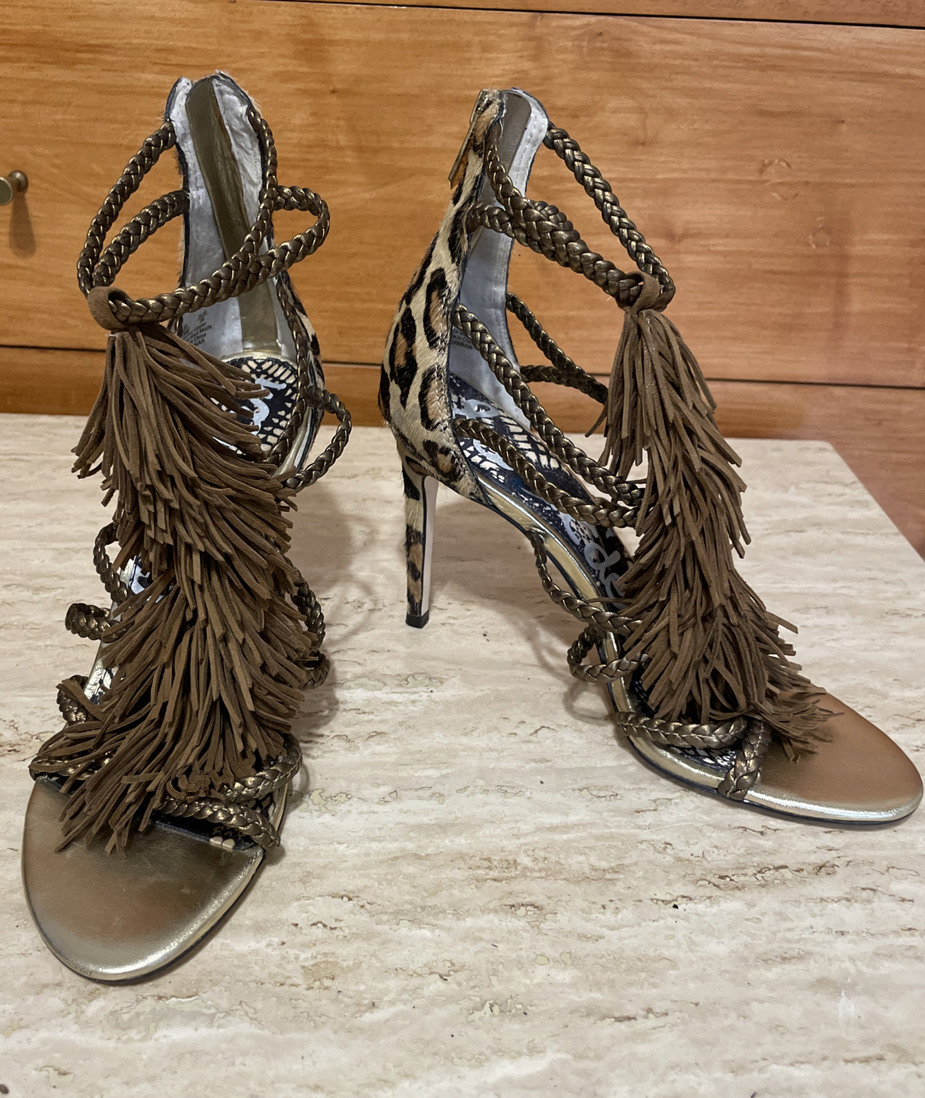 Sam Edelman Leopard Print Genuine Calf Hair Strappy Tassel Stiletto Heels Sz 7.5
