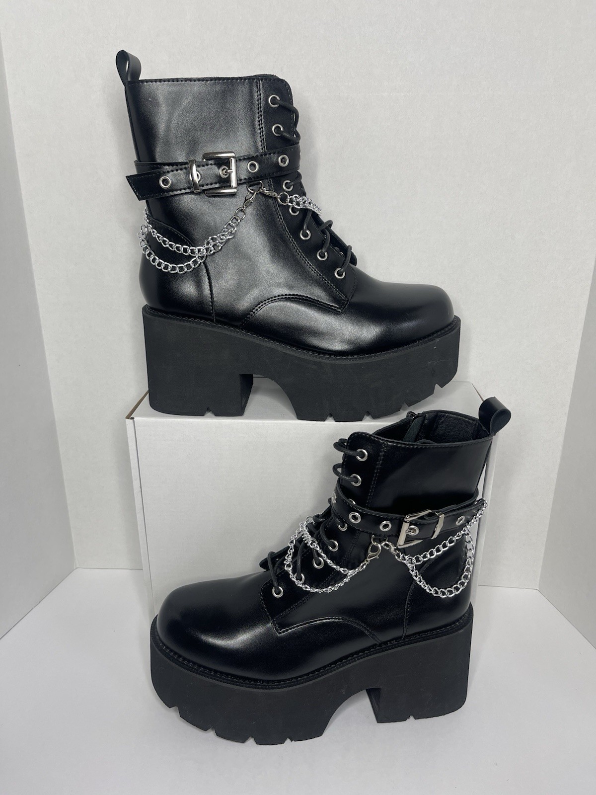 Women’s Platform Goth Punk Mid‑Calf Boots –Black – Chunky Heel, Studded| Size 40