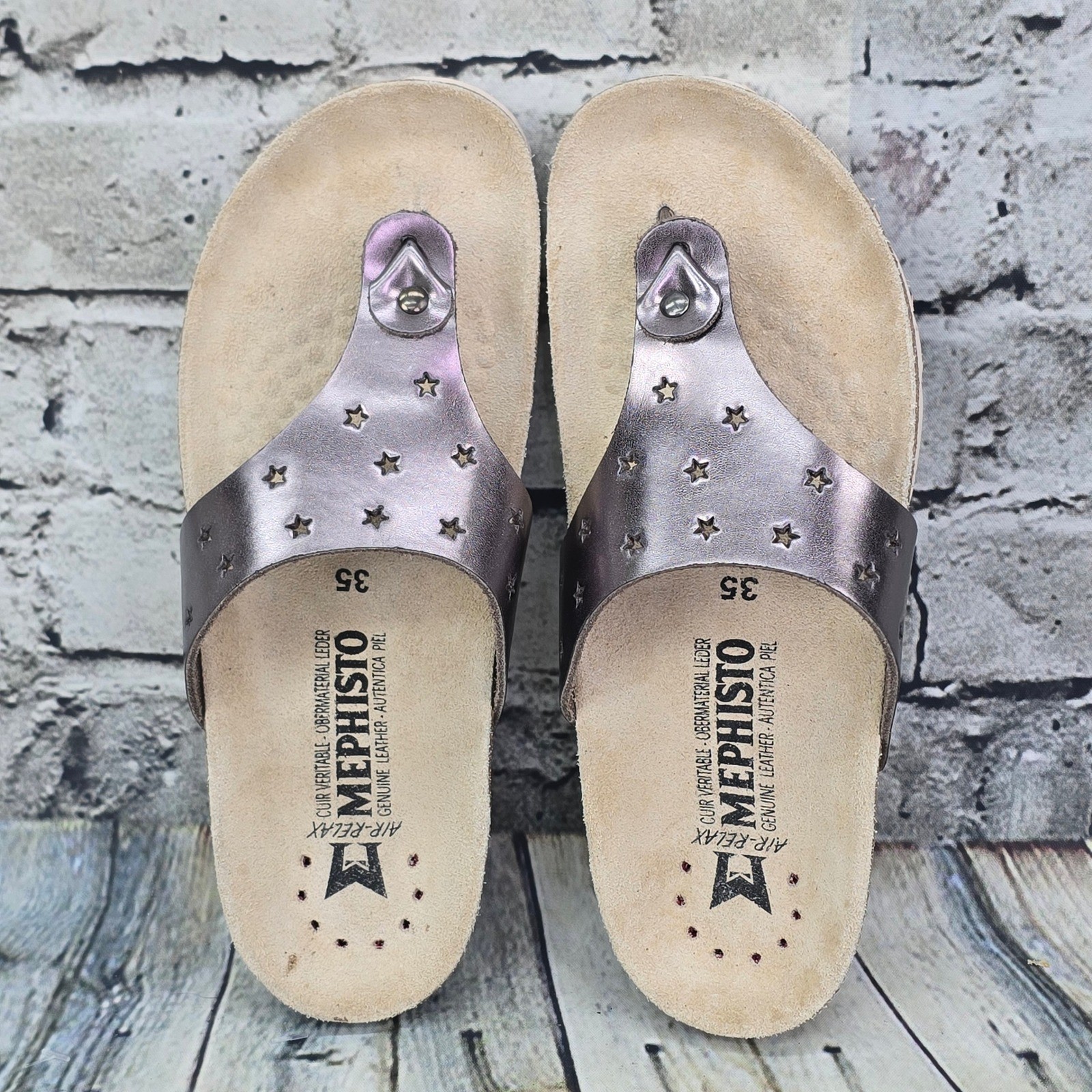 Mephisto Nikie Star Sandals Womens 35 5 Metallic Pewter Leather Cork Thong Slide