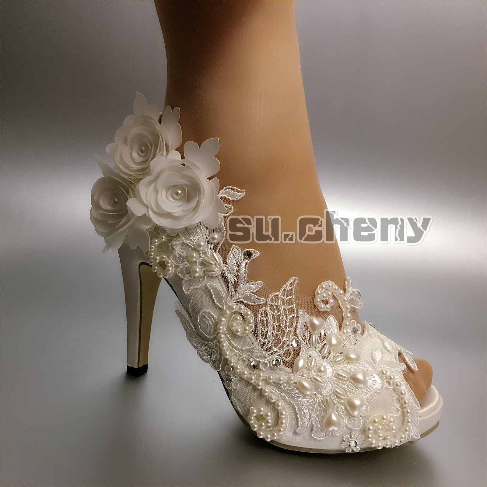 su.cheny Pearl satin white ivory lace flowers open toe Wedding Bridal heel shoes