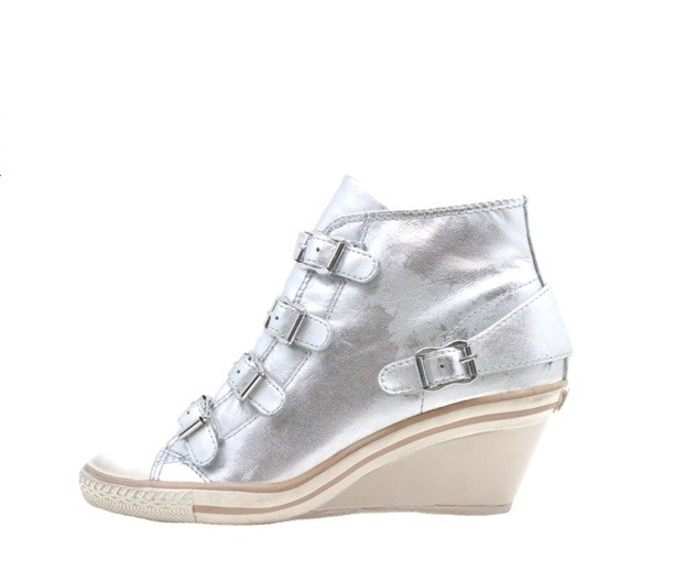 Vtg Ash Silver Leather High Top Wedge Sneakers High Heel Buckle Streetwear Shoes