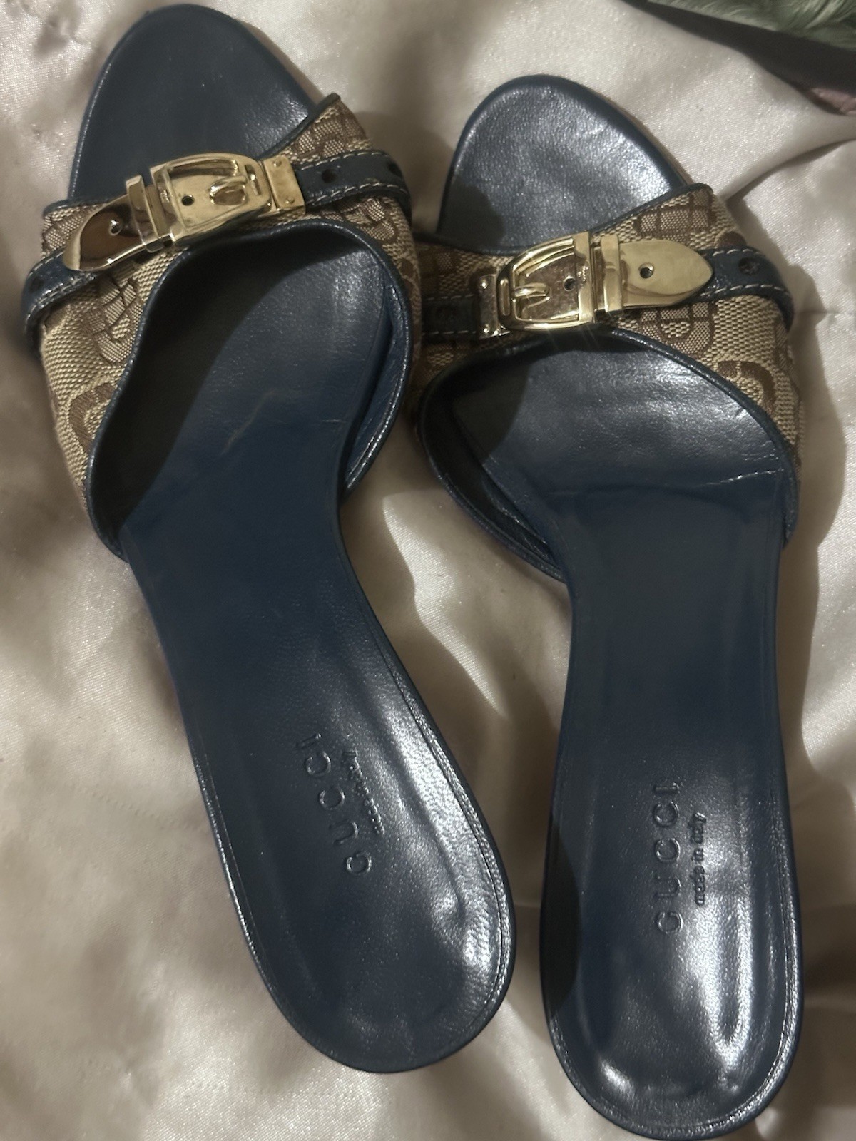 Gucci GG Logo Canvas Buckle Strap Slide Sandals Blue Beige Women’s 6B