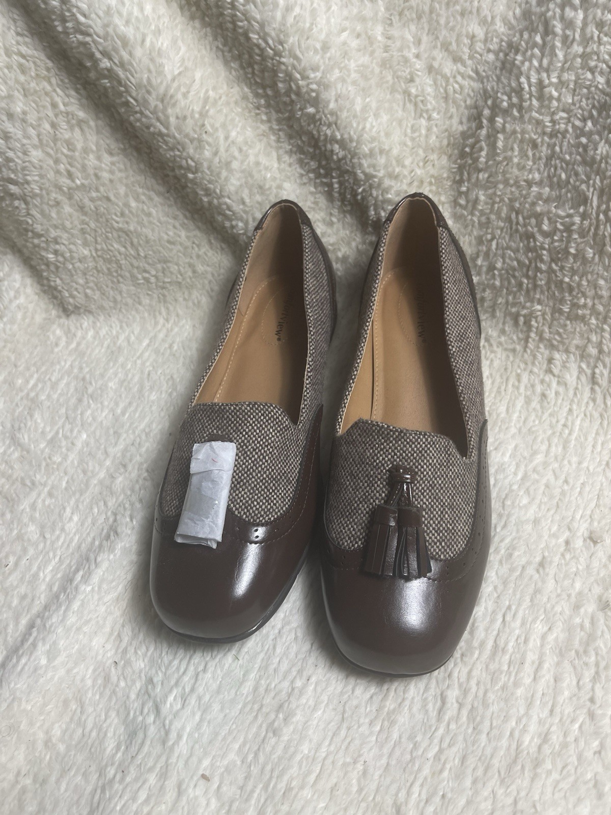 NWOT COMFORTVIEW «ASTER» Brown synthetic and fabric plaid slip on flats SZ11W.