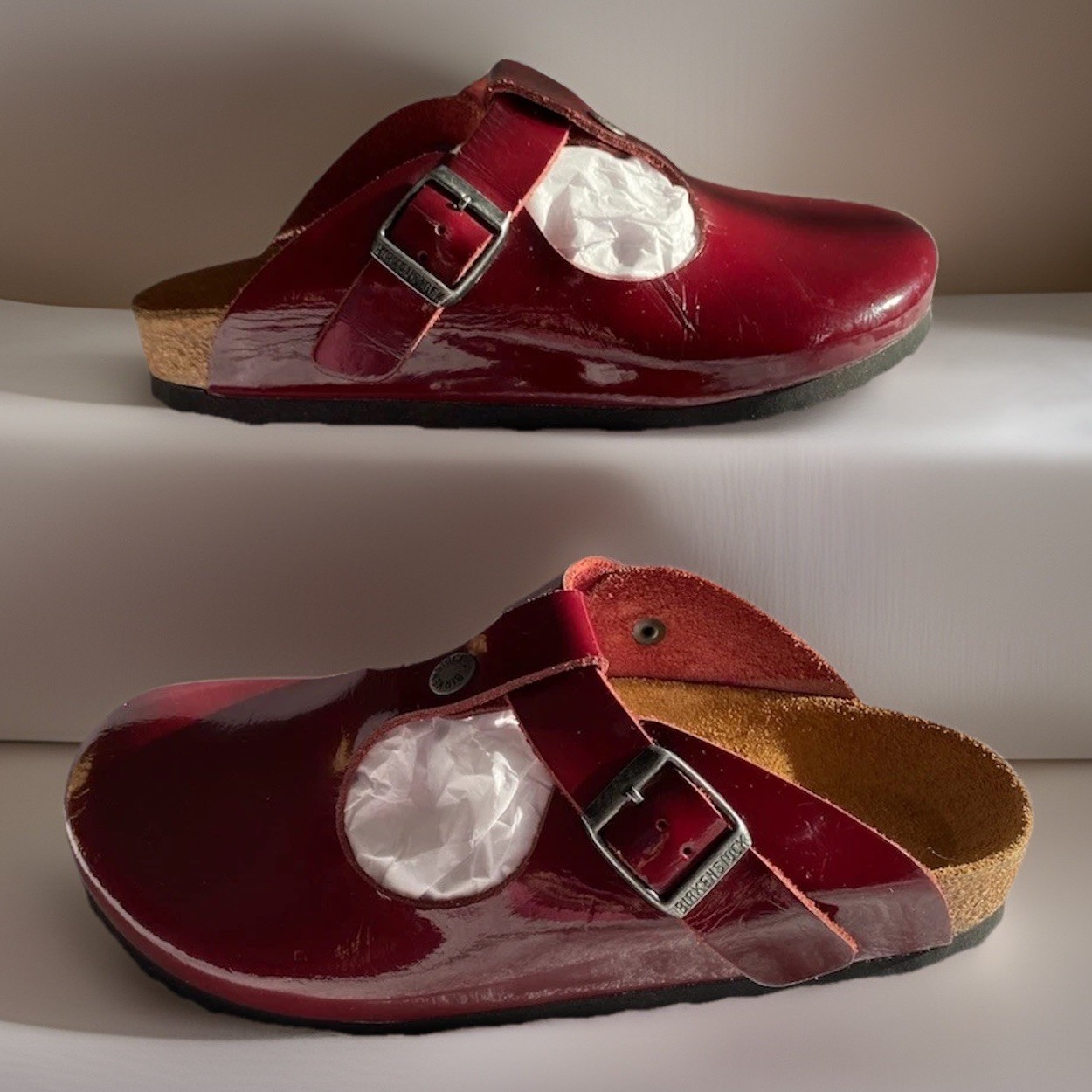 BIRKENSTOCK BERN Cherry RED Patent Leather T Strap Clogs Mary Jane 37 6.5 Narrow