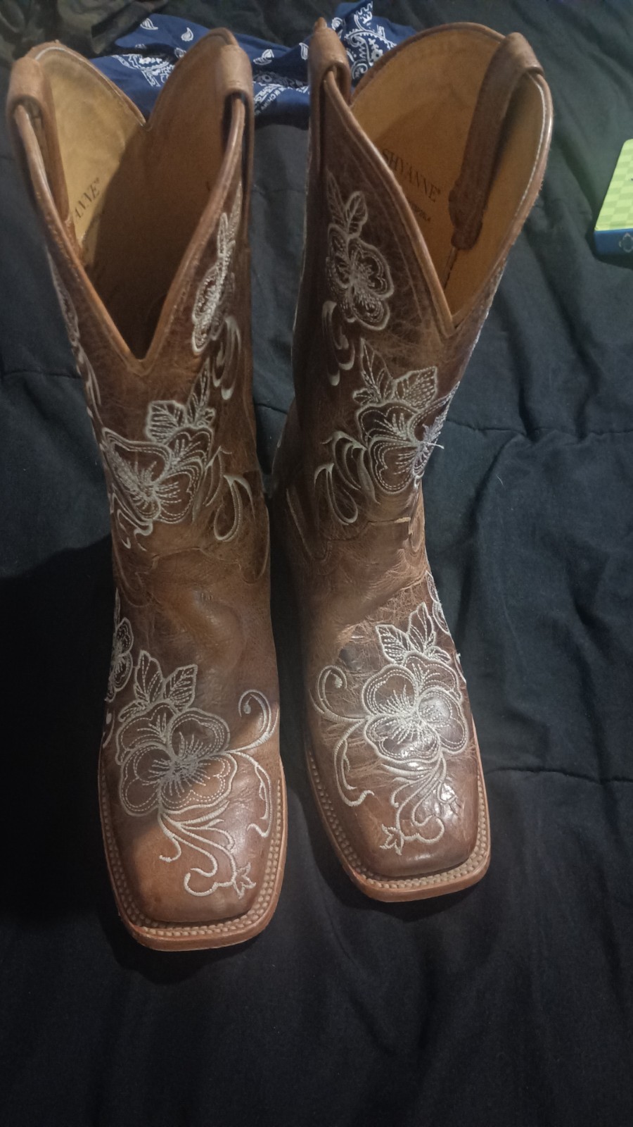 Shyanne Brown Floral Embroidered Leather Western Square Toe Pull-On Boots 11 M