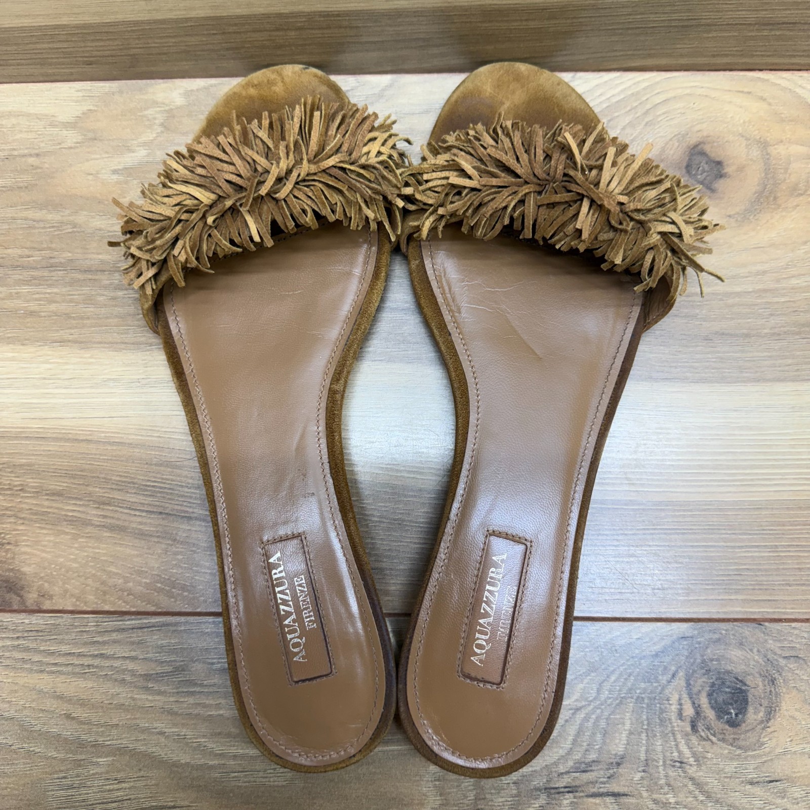 Aquazzura Fringe Sandals Womens 38.5 US 8.5 Suede Slides Flats