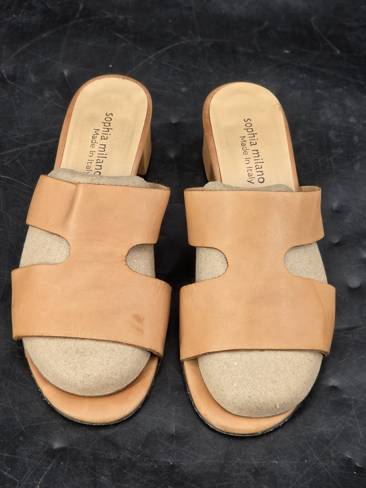 Sophia Milano Tan Leather Open Toe Block Heel Sandal 6.5 Made In Italy