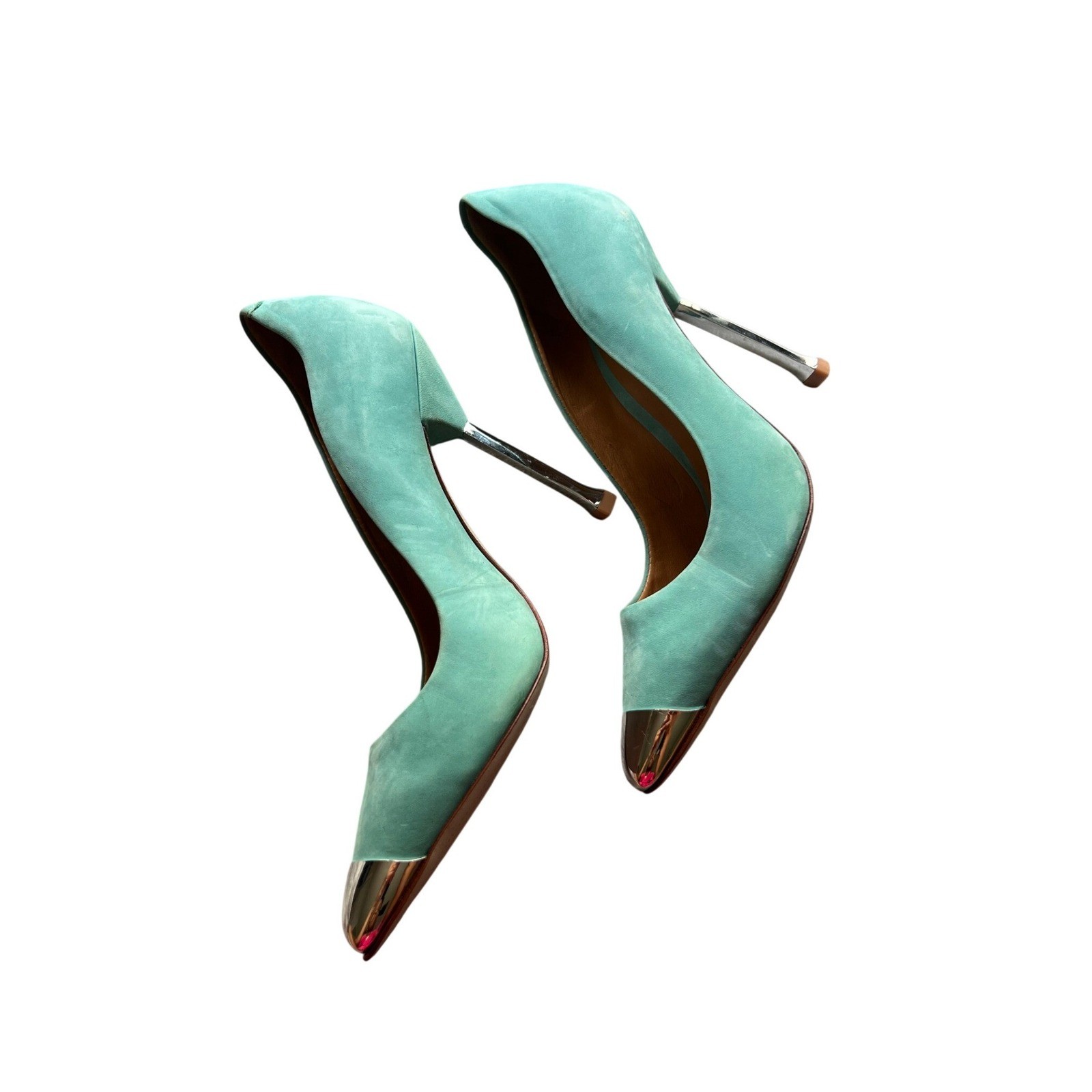 Schutz Seafoam Green Suede Metallic Cap Toe Stiletto Pumps Heels Size 7.5B