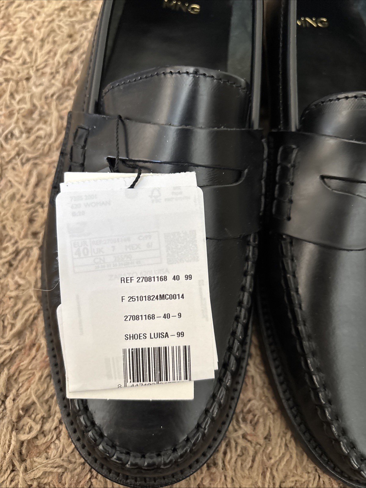 MNG Mango Luisa 100% Black Leather Preppy Penny Loafers EU 40 US 9 Made In Spain