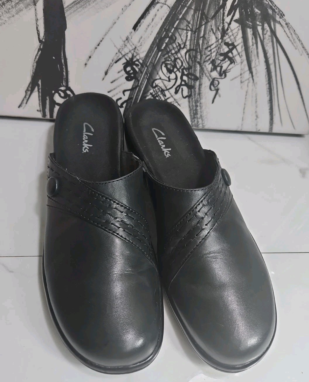 Clarks Mules Black Leather Stiched Braided Stripe Slide On Shoes 7N