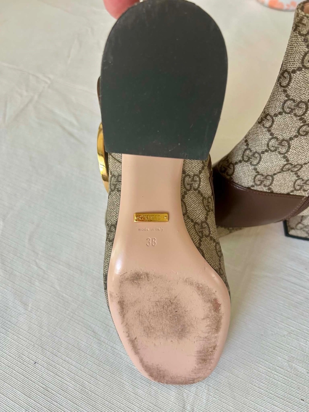 Gucci GG Supreme Logo Print Beige Canvas/Brown Leather Ankle Boots 38