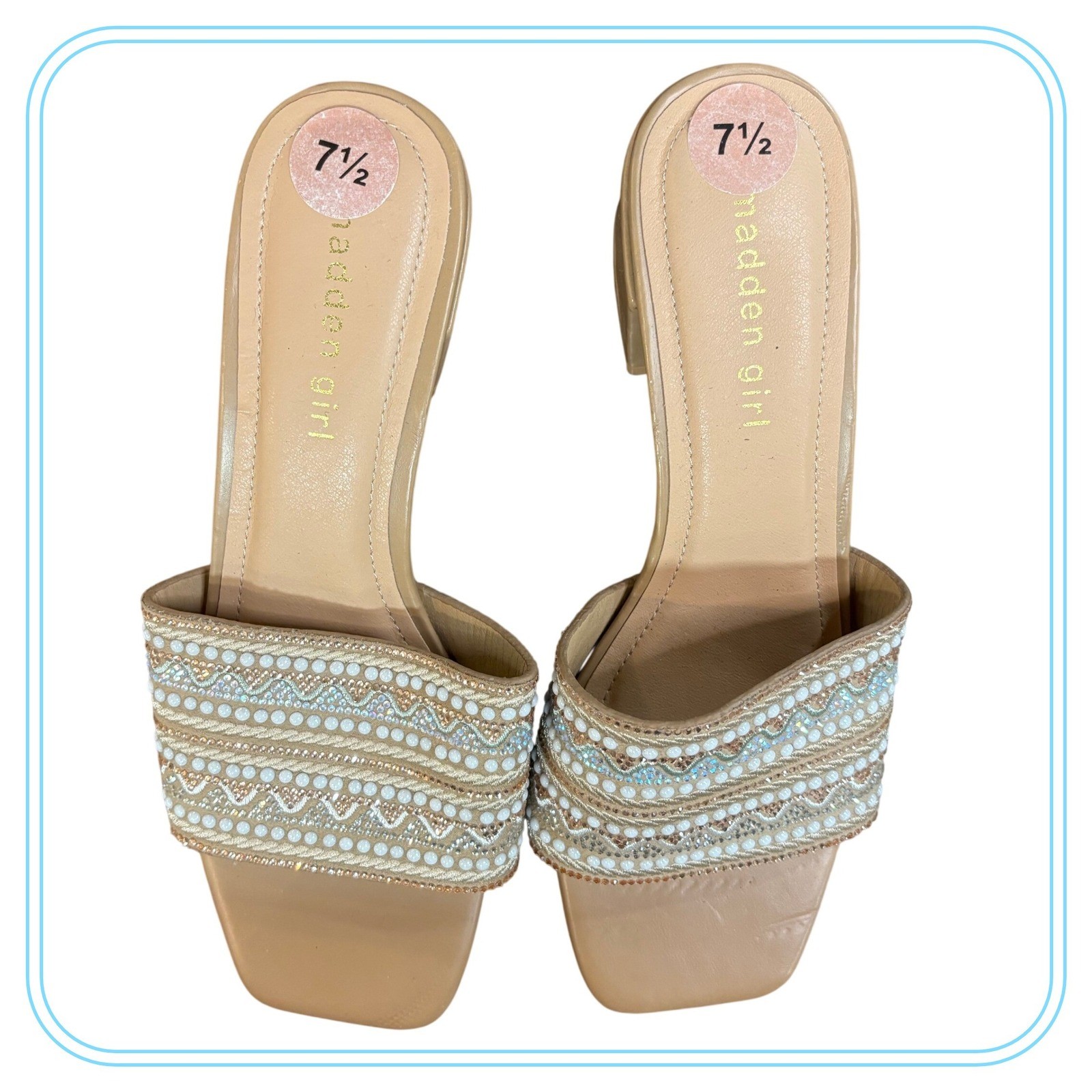 Madden Girl Womens Tan Beaded Rhinestone Block Heel Slide Sandals Size 7.5 Mule