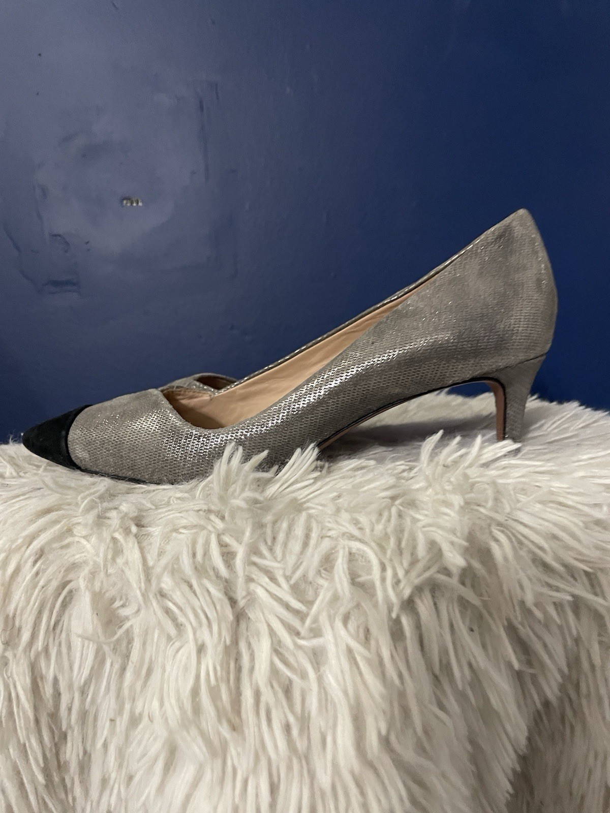 TORY BURCH Shaila Heel Metallic Gray Silver Pumps/Capped Toe Heels Size 6.5