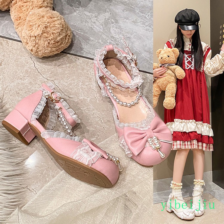 Women Girl Low Heel Lolita Mary Jane Wedding Party Beads Bowknot Party Shoes New