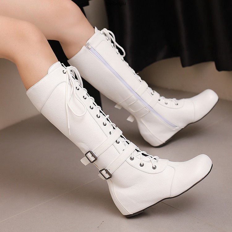 Women’s Mid Calf Hidden Wedge Heel Boots Lace Up Buckle Casual Shoes 48/49/50