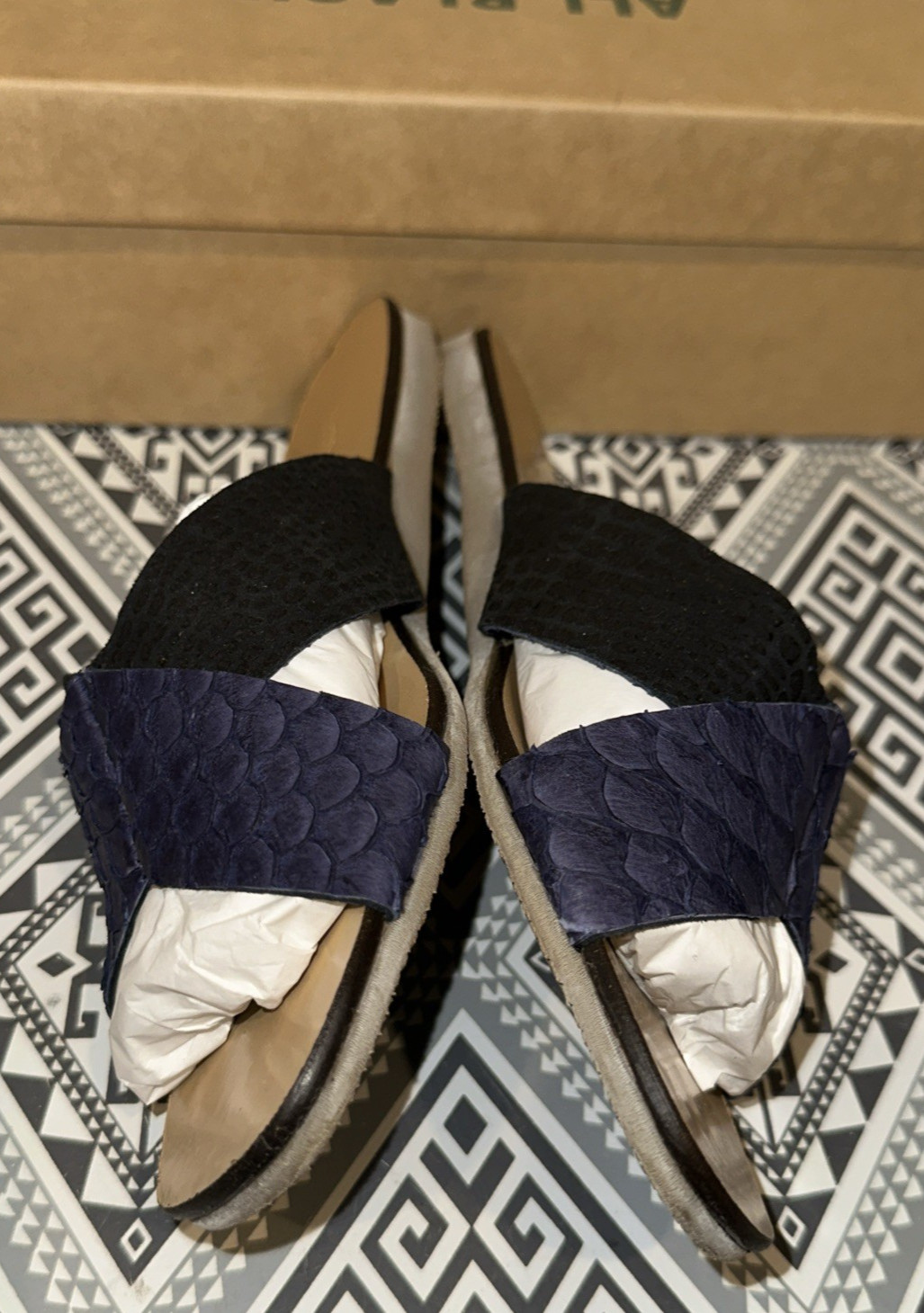 ALL BLACK Women Size 38 Two Tone Fishskin Leather Slide Sandals Navy/Black LUX