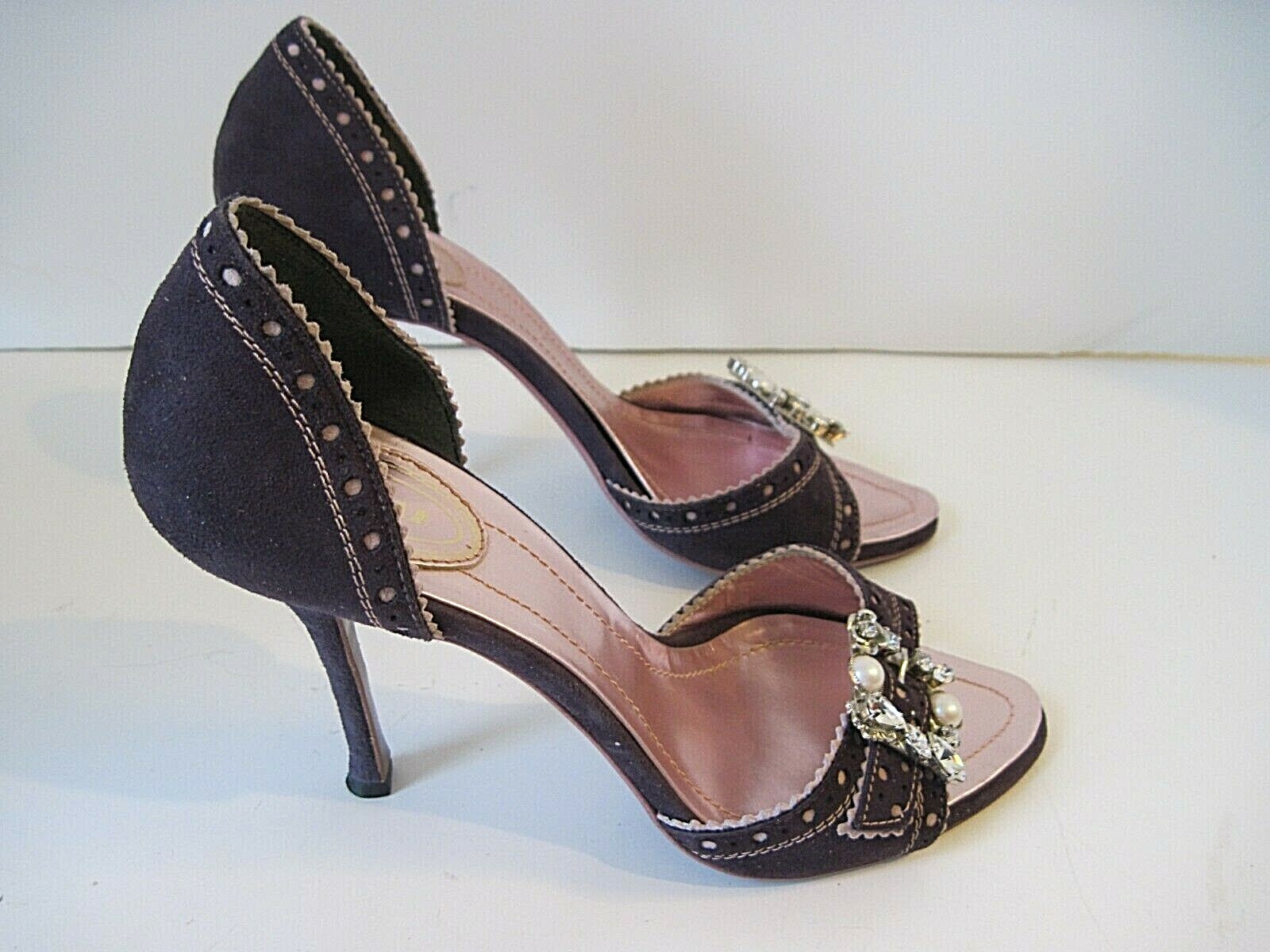 LE SILLA Purple Suede Open-Toe D’Orsay Front Crystals Heels Shoes Size 37