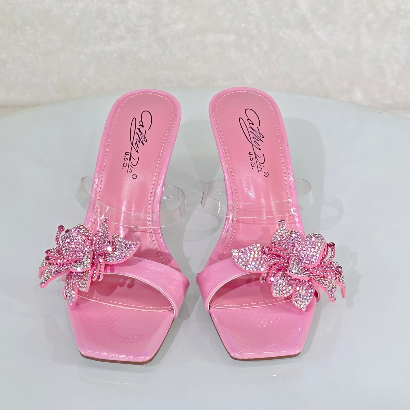 Lily Rhinestone Flower Pink Slip On 3.25″ Heel Casual Evening Party Shoes