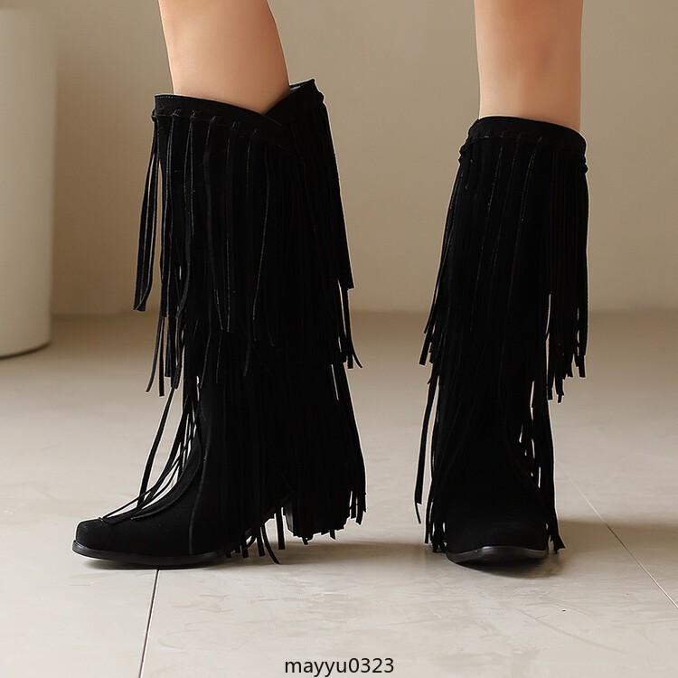 Womens Tassel Fringe Mid Calf Boots Mid Block Heel Western Cowgirl Shoes Hot