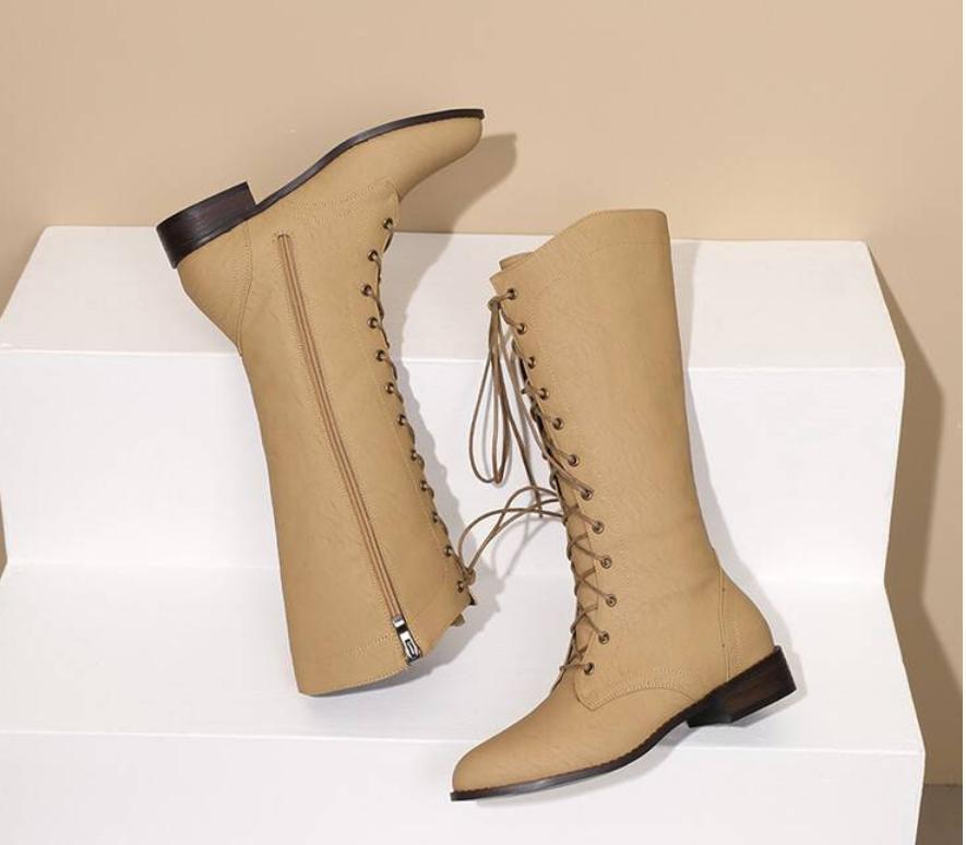 Women’s Mid Calf Boots Punk Casual Shoes Flat Lace Up Side Zip Riding Outdoor SZ