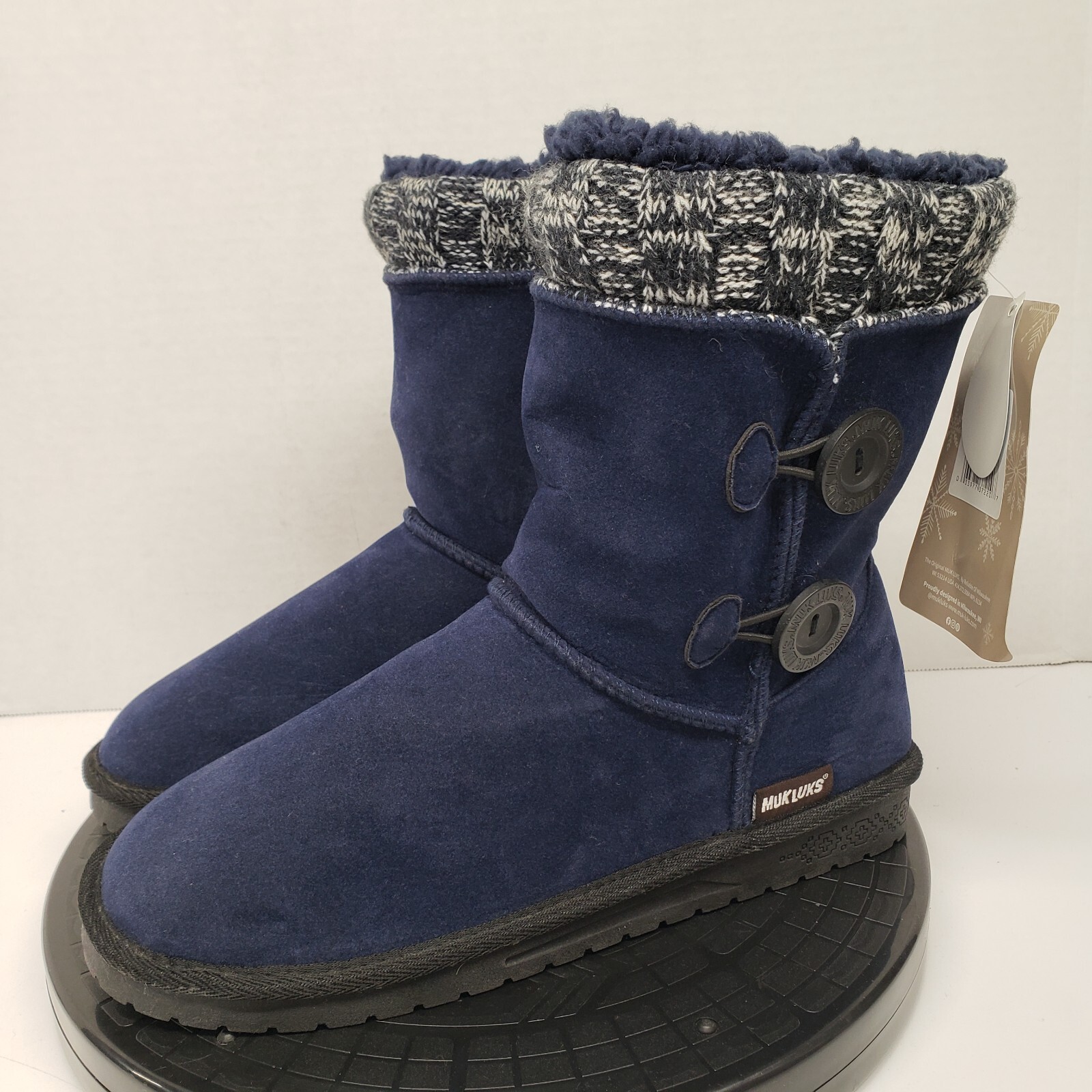 Navy Blue Muk Luks Short Winter Fall Fur Boots Knit Buttoned Women’s Size 10