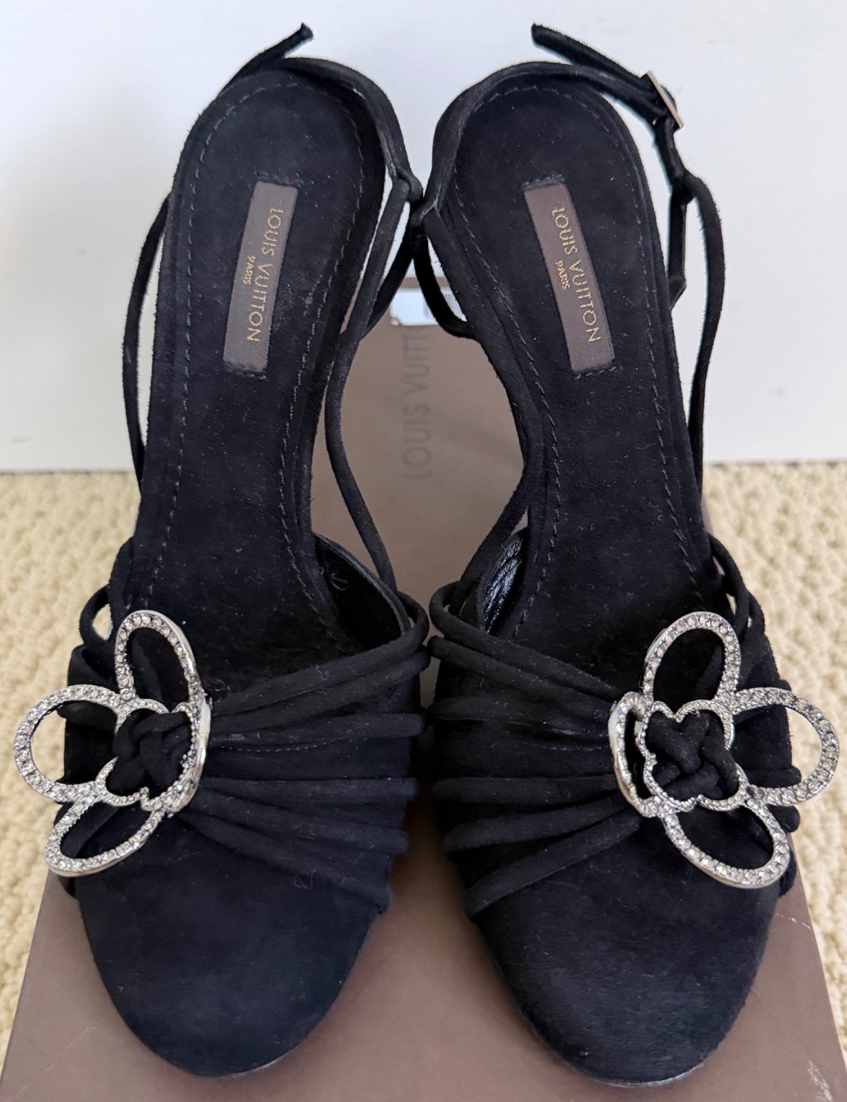 Louis Vuitton Monogram Flower Logo Crystal Black Suede Slingback Pumps 36 $1695